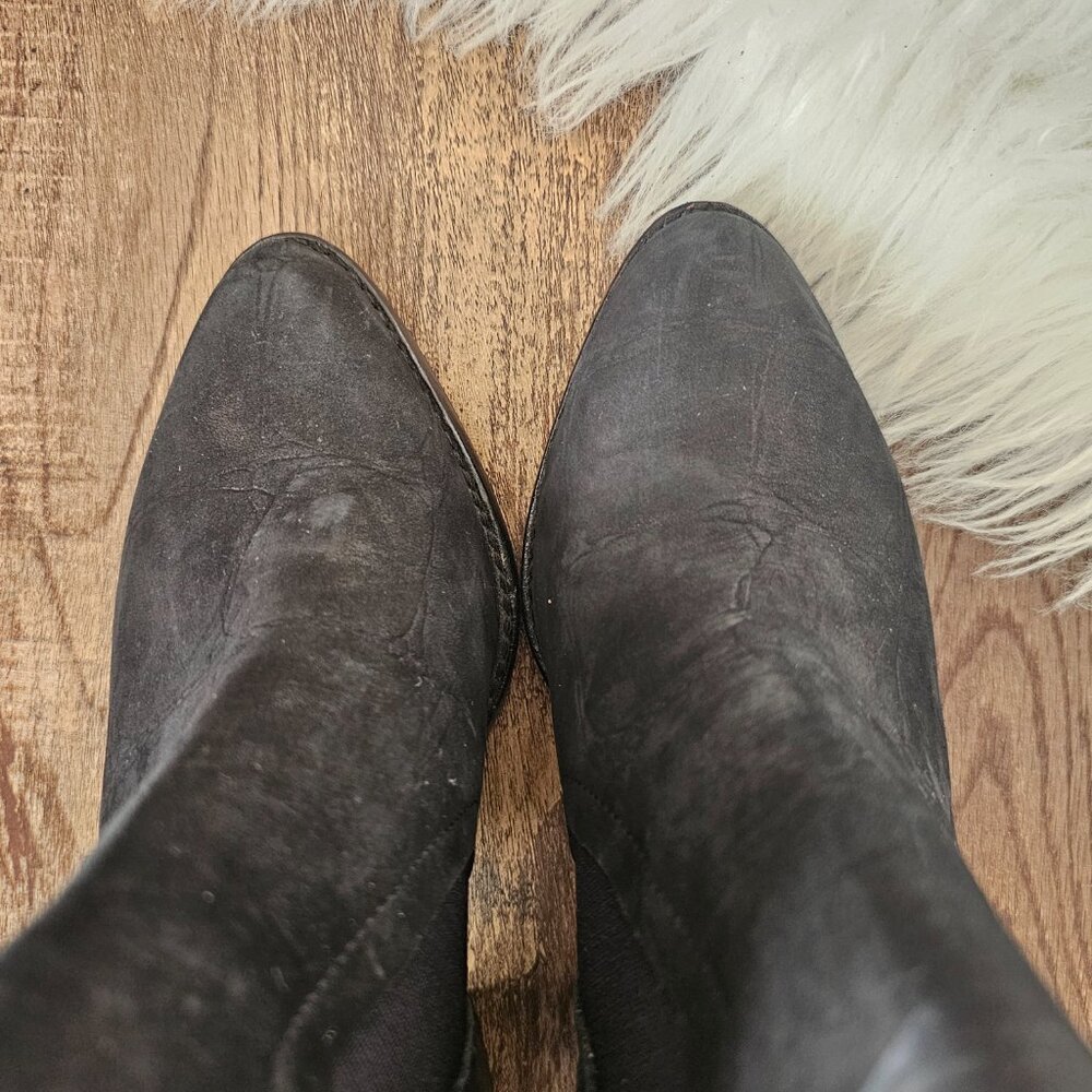 L.A.M.B./LAMB Mojo Block Heel Suede Ankle Boot US5.5 Black Croc - Picture 4 of 11
